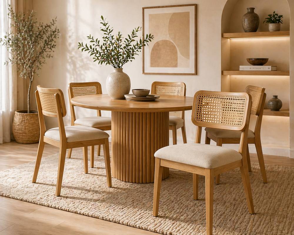  كرسي طعام خشب طبيعي فاخر 83×46×45×44 سم بمقعد جلد مريح وظهر راتان – تصميم عصري متين للمنازل والمطاعم 
