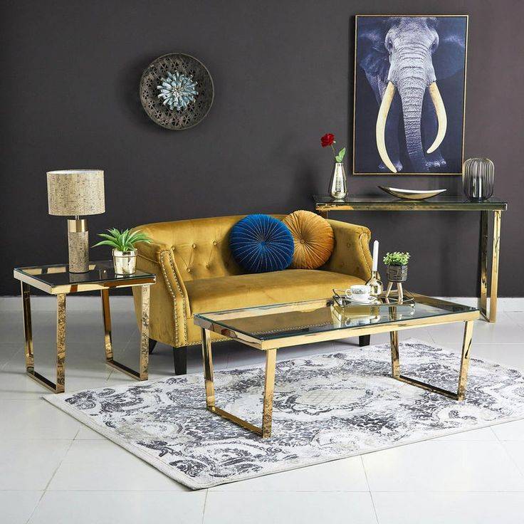طاولة خدمة وسط ذهبي زجاج أبيض شفاف