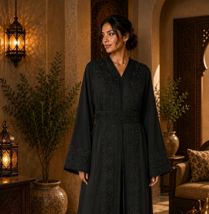 قفطان أسود ملكي بتطريز سفيفة وشك كريستال مع حزام (موديل الفخامة)