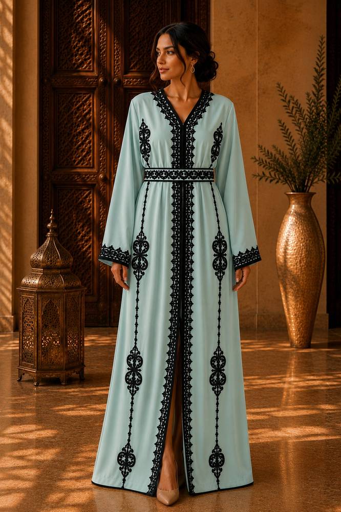 ​قفطان مغربي عصري بلون أخضر مائي ومطرز بالأسود الملكي