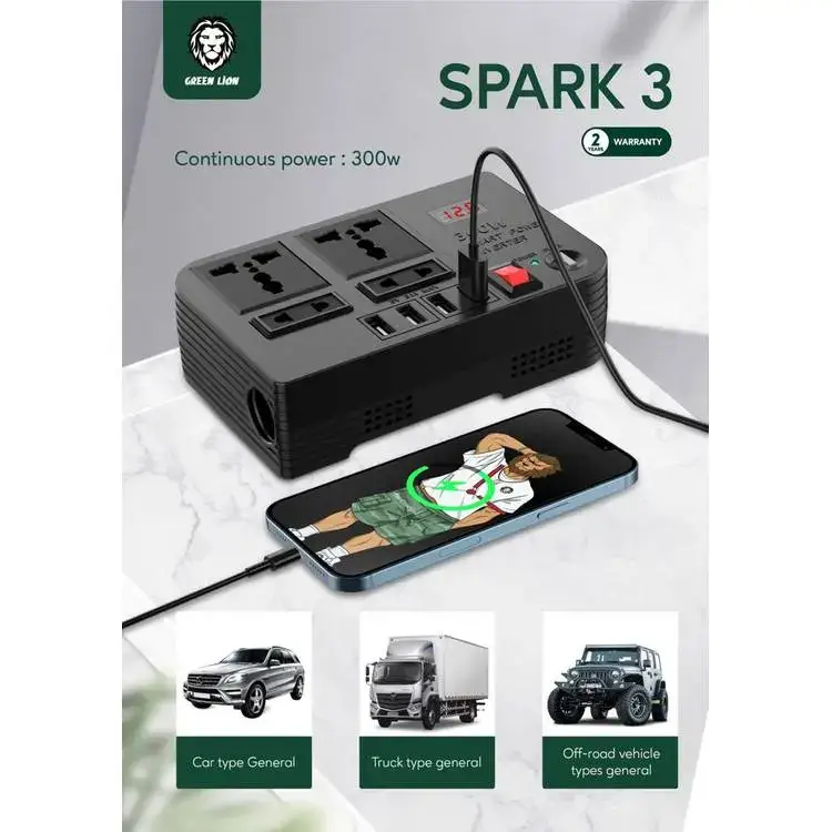 Green Lion Spark 3 Power Inverter 300W – Black