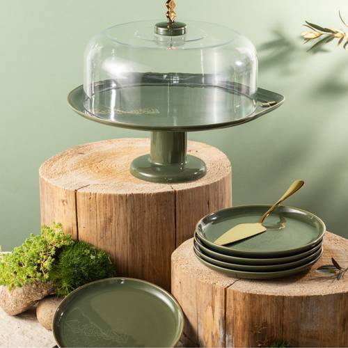 6 Plates And Stand With Acrylic Cover With Knife From Liqaa -  Olive + Gold