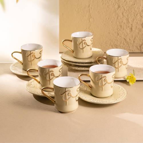 Porcelain Tea Set 12 Pcs From Jiwar -  Ivory + Gold 