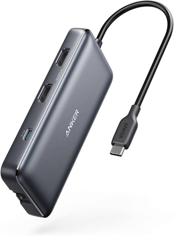محول وموزع باور اكسباند USB C 8 في 1 مع منفذ HDMI مزدوج بدقة 4K وتوصيل طاقة 100 واط، 1Gbps ايثرنت ومنفذي بيانات USB 3.0 وقارئ بطاقات SD وmicroSD لماك بوك برو ولابتوب اكس بي اس وغيره من انكر