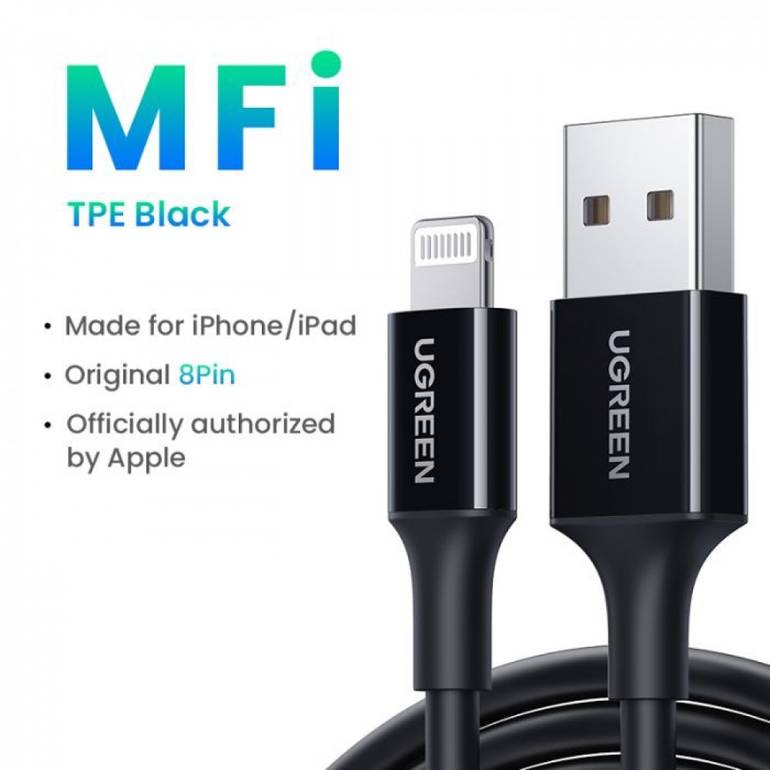 سلك شاحن يوجرين USB إلى آيفون بطول 2 م - 1متر أسود