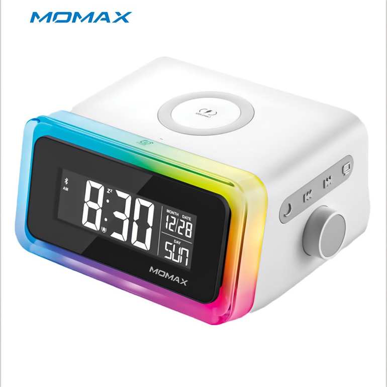  ساعة ومنبة ديجتال تدعم الشحن اللاسلكي، مع اضاءة ملونه أبيض من موماكس، MOMAX 