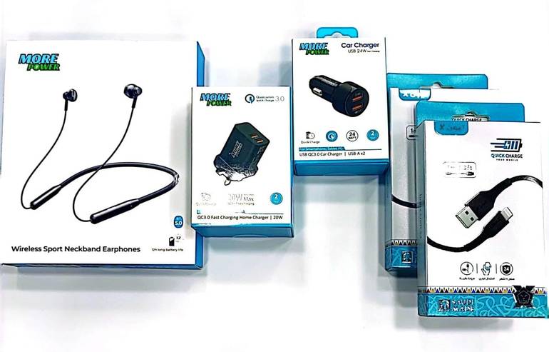 بكج العيد من مور باور more powerسماعة رقبة بلوتوث +فيش جداري بمنفذين USB+فيش سيارة بمنفذين USB+كيبلين قماش مقاوم للقطع طول متر 