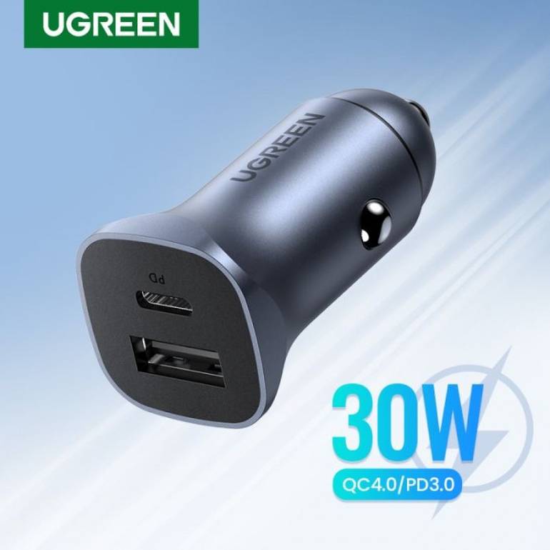 فيش سيارة يوجرين بمنفذ USB ومنفذ PD بقوة 30 واط - رمادي