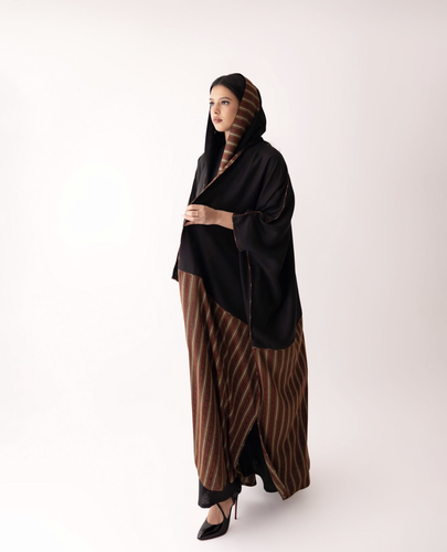 عبايه linen مع قطن هندي  بني مع أسود 