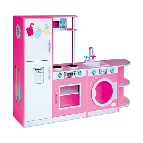 Educational wooden kids’ kitchen in pink and white colors, 