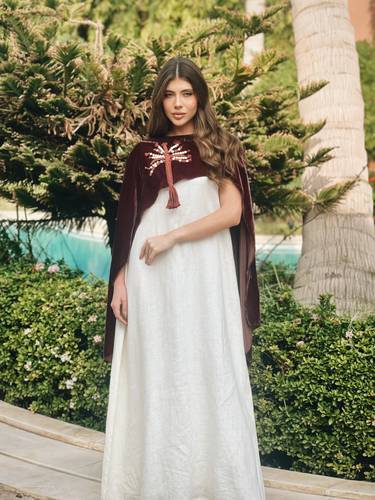  ثوب لينين سكري {نصف كم} مع سكارف النخلة مخمل برقندي
