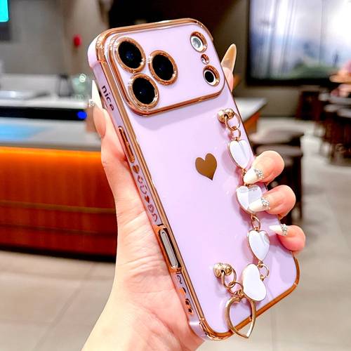 تصفيح غطاء من السيليكون آيفون 17 الهواء 16E 16 15 14 13 12 11 برو ماكس 15Pro 14Pro iPhone15 سوار المعصم حزام الحب غطاء على شكل قلب