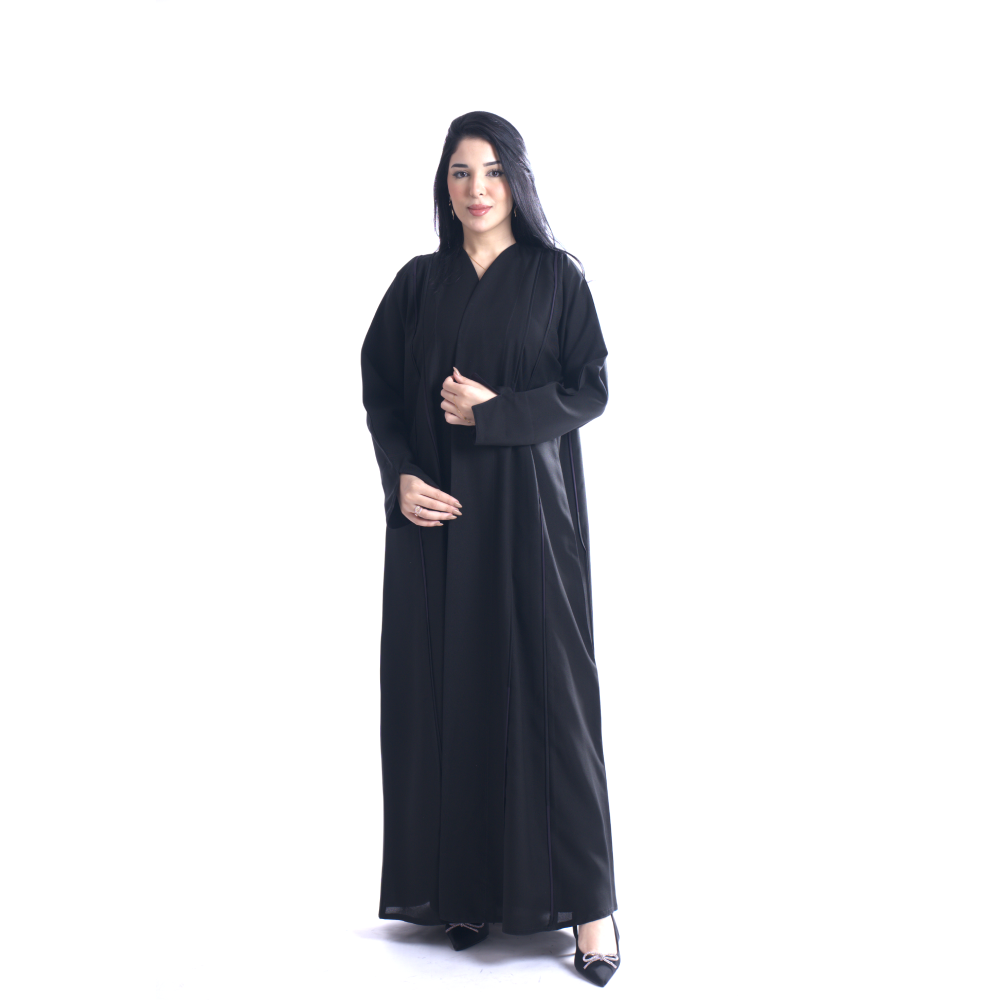 عباية بقماش كريب كتان منمت مدموجه ببنسات بنفسجية