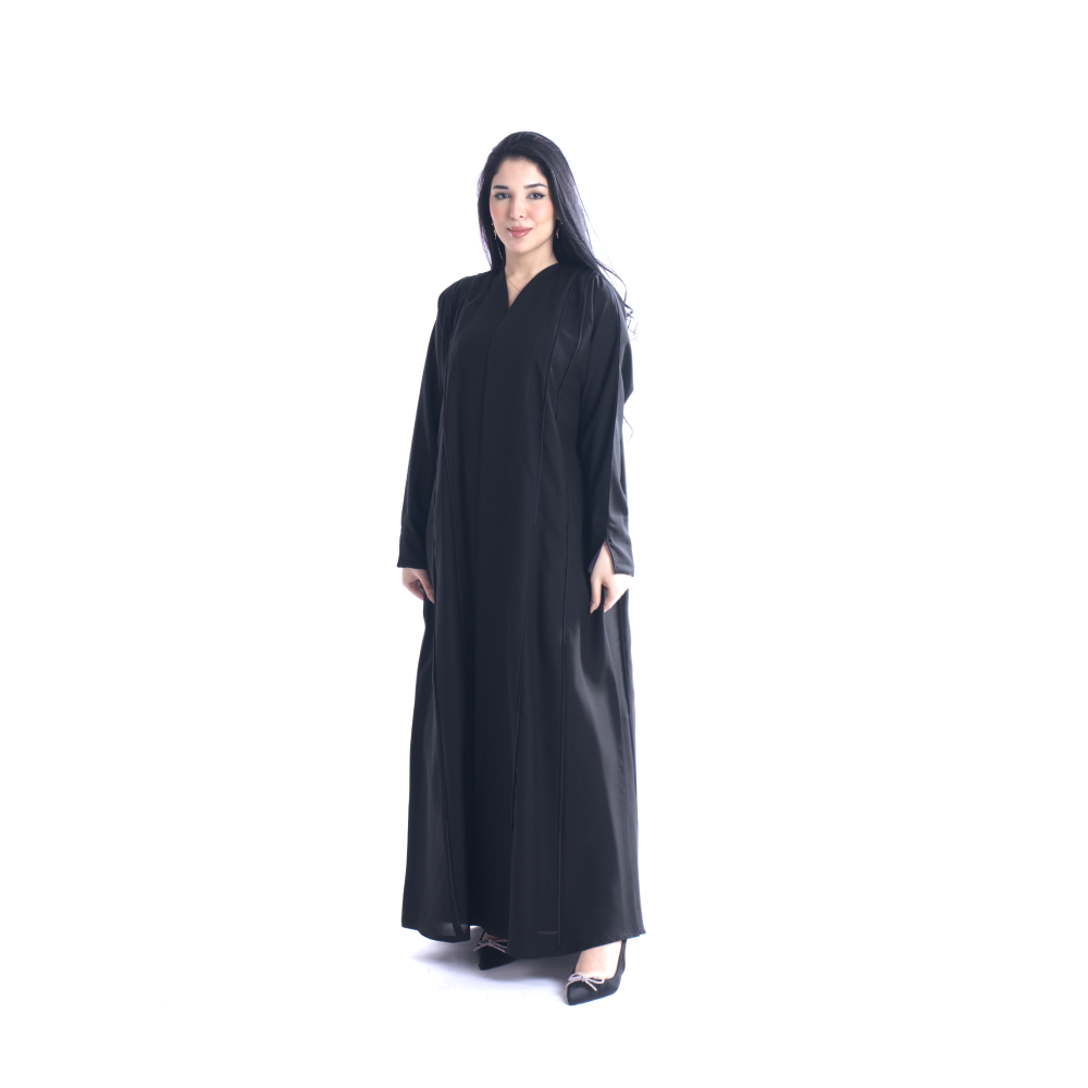 عباية بقماش كريب كتان منمت مدموجه ببنسات بنفسجية