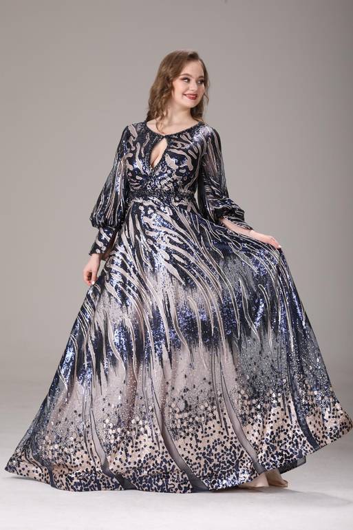 فستان سهرة كحلي بأكمام طويلة