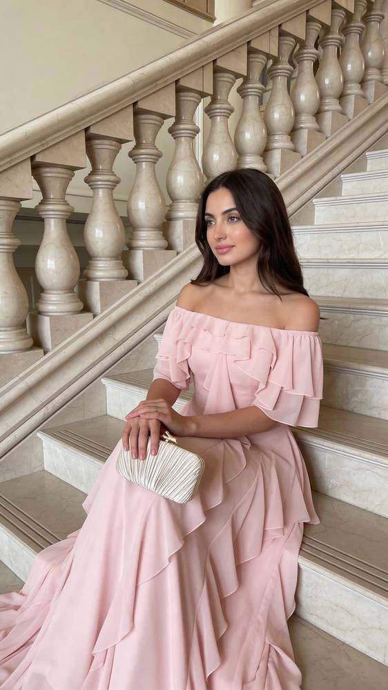 فستان شيفون بلون غبار الورد: أناقة آسرة لسهراتك