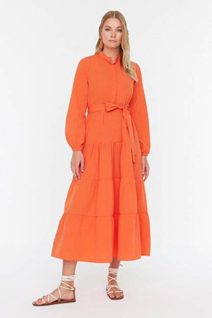 فستان برتقالي برقبة دائرية نسائي