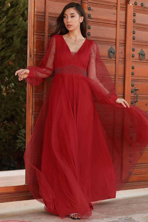 فستان سهرة طويل أحمر بفصوص لؤلؤ نسائي