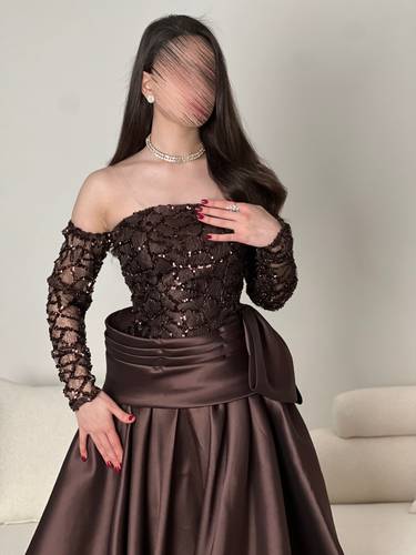 فستان يارا بني سهره  - ‏(XS)الصدر:30انش,الخصر:24انش