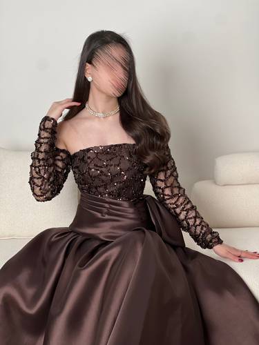 فستان يارا بني سهره  - ‏(XS)الصدر:30انش,الخصر:24انش