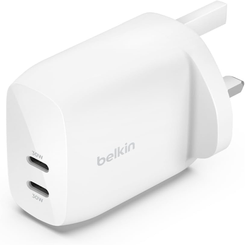 شاحن حائط بمنفذين USB-C بطول 60 واط أبيض بيلكين BoostCharge Pro Dual USB-C Wall Charger with PPS 60W Belkin