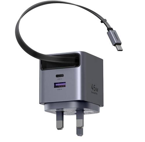 شاحن جداري يوجرين Nexode Pro بتقنية GaN وسلك قابل للسحب وبمنفذ USB-C وبمنفذ USB وبقوة 45 واط - رمادي