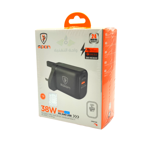 شاحن جداري 38w بمنفذين (PD + QC3.0) بخاصية الشحن السريع - SPON SN-HC600