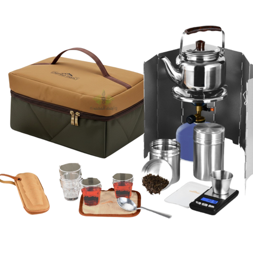 طقم عزبة الشاي للرحلات والبر من CAMPING FAMILY  CM-43004- شنطة رحلات عالية الجودة، ألوان متعددة، وأدوات شاي متكاملة لجميع مغامراتك!