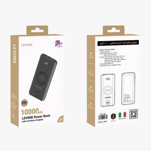 شاحن متنقل من ليفوري لاسلكي لساعات والهواتف وسلكي بقوة 20 واط وسعة 10ألاف  Levore Power Bank with Wireless Charging 10000 mAh 20W - Black