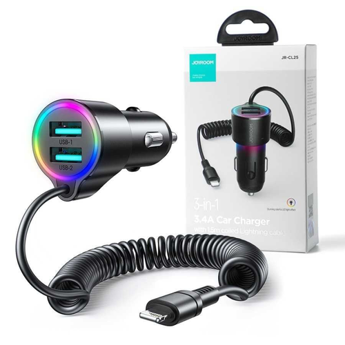 شاحن سيارة جيروم 3 في 1 + كابل لايتنينج 1.5 متر 17 واط (JR-CL25) أسود -3.4A JOYROOM Car Charger with 1.5m coiled Lightning cable