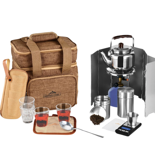 طقم عزبة الشاي للرحلات والبر من CAMPING FAMILY  CM-43003- شنطة رحلات عالية الجودة، ألوان متعددة، وأدوات شاي متكاملة لجميع مغامراتك!