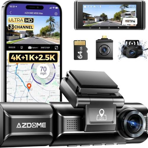 داش كام M550 MAX مكثفات ثلاث كاميرات داخلي وامامي وخلفي بجودة 4K ازدوم M550 ماكس مع ذاكرة 64 جيجا Azdome M550 Max