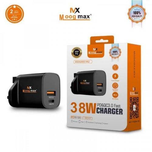 شاحن جداري 38w بمنفذين (PD + QC3.0) بخاصية الشحن السريع - موج ماكس