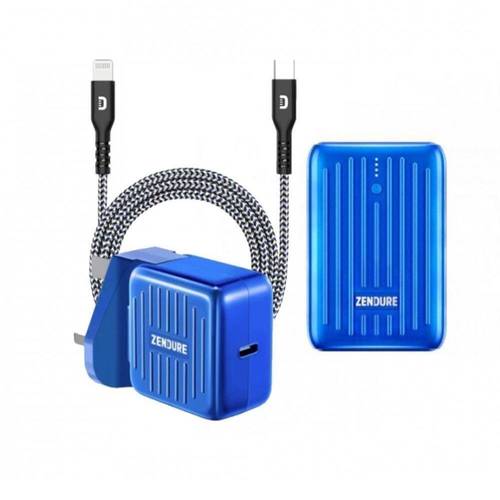 بكج زندور بطارية 10 الالف سوبر ميني + كيبل ايفون قماش تايب سي + فيش جداري بي دي 20 واط من ZENDURE لون أزرق