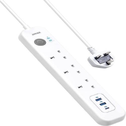 توصيلة أنكر 3 منافذ طاقة ومنفذين USB ومنفذ PD بقوة 30 واط - ابيض 2متر