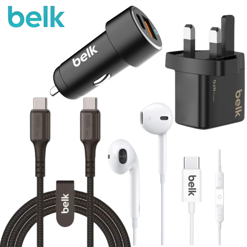 بكج ايفون 16 من belk شاحن جداري 23واط و سيارة 53واط وسماعة وكيبل شاحن تايب سي تايب سي 60واط