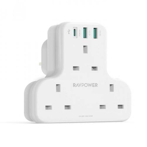 ‎شاحن جداري 3 مداخل + منفذين USB + منفذ type c بقوة 20w  RAVPower RP-PC1036 PD Pioneer 20W 3 port charger White