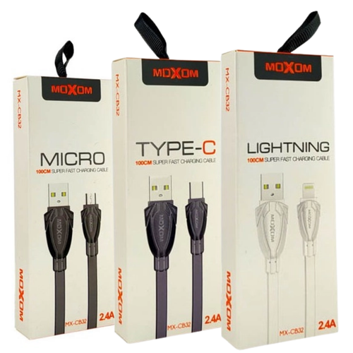 كيبل شحن سريع ونقل بيانات 2.4A - ايفون / تايب سي / ميكرو -  Moxom MX-CB32 Lightning / Micro / Type-C