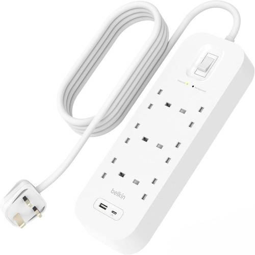 بيلكن توصيلة كهربائية 6 منافذ مع منفذ يو اس بي USB-A ومنفذ تايب سي PD بقوة 18 واط-BELKIN 6-OUTLET SURGE PROTECTOR 18W, USB-A & USB-C PORTS, 2M CORD