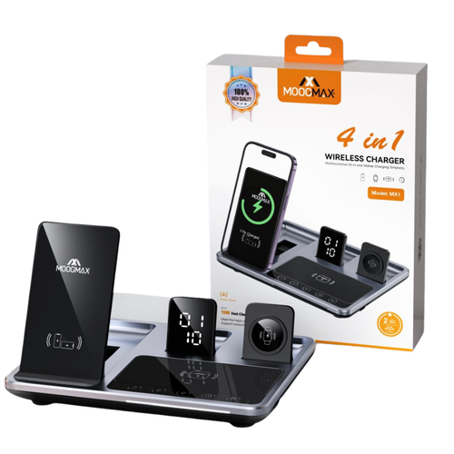 قاعدة شحن لاسلكية من Moogmax مع ساعة منبه 4 في 1 شاحن لاسلكي سريع متوافق مع  الجوال و سماعه  و ساعة ابل
