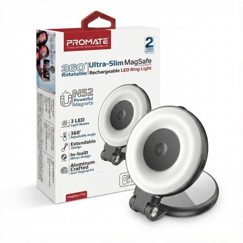 إضاءة مغناطيسية للجوال مع مرايا من بروميت Promate MagHalo proمصباح سيلفي Rechargeable LED Ring Light