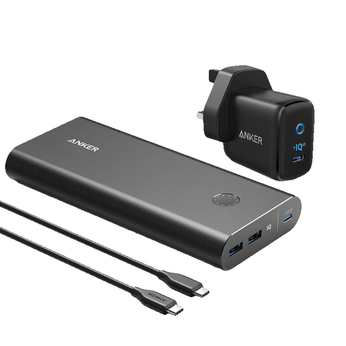 شاحن متنقل انكر باوركور بلس 26800 ملي امبير PD بقوة 45 واط و شاحن جداري PD بقوة 30 واط - اسود- Anker Power Bank PowerCore+ 26800mAh