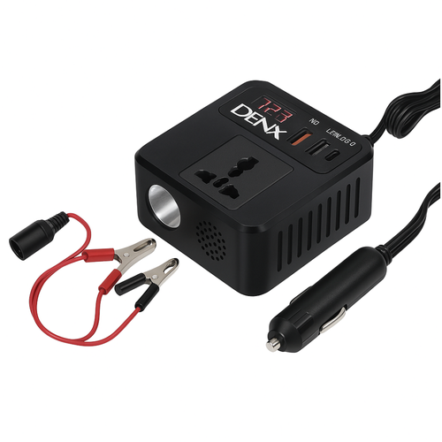 محول طاقة DENX DX137 للسيارة 100 واط مع منافذ USB وType-C آمن
