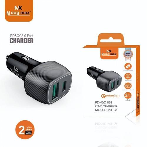 شاحن سيارة 36w بمنفذين (PD + QC3.0) بخاصية الشحن السريع  MOOGMAX MX106