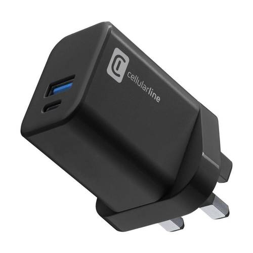 سيلورلاين شاحن جداري، منفذين يو اس بي - تايب سي ، 30 واط، أسود30w cellularline power NANO GaN