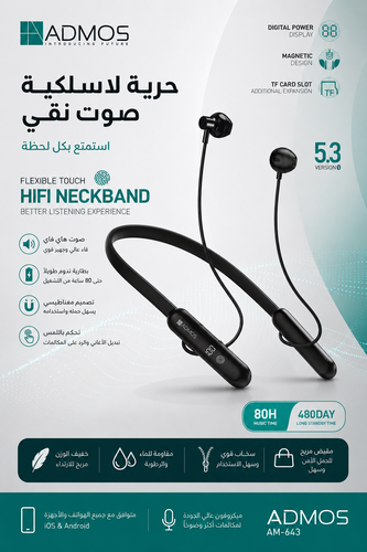 سماعة ادموس ذات طوق للرقبة، طراز ( Admos AM-643 )تتميز بشاشة رقمية لعرض مستوى البطارية وتحكم باللمس