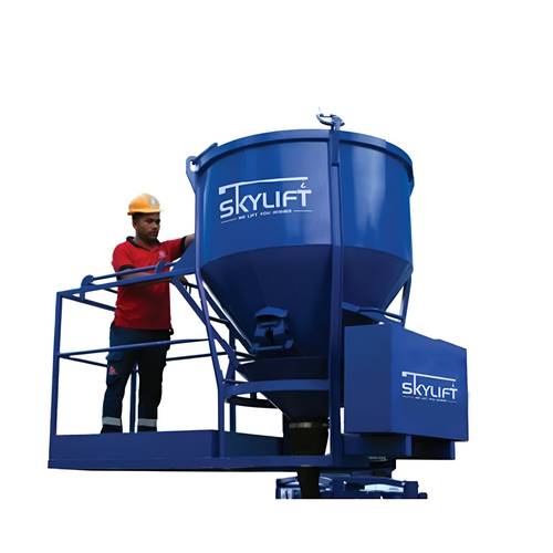 Heavy-Duty 1000L Concrete Skip with Worker Platform and 2-Meter Flexible Hose – Certified Conical Bottom Discharge Concrete Bucket – CE Approved COLUMN SKIP with Riding Platform for Construction and Lifting Applications