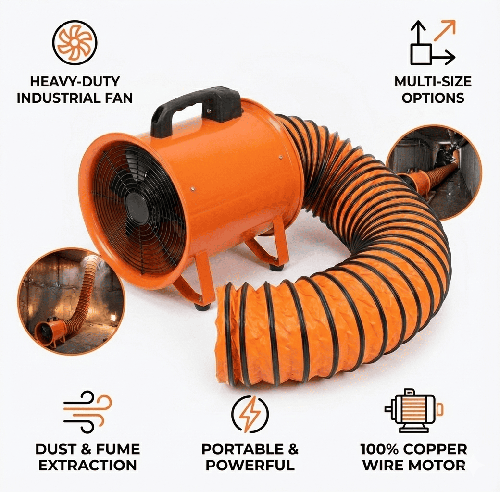High-Speed Portable Industrial Exhaust Fan with 5m Ventilation Hose – Low Noise – 110/220V – Heat Resistant up to 80°C – Sizes from 8