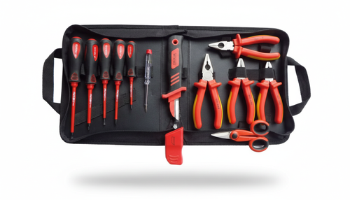 Professional 12-Piece VDE-Insulated Electrician Tool Set - 1000V High-Voltage Safety Protection - Taiwanese Precision Quality Kit with Pliers, Screwdrivers, Scissors, and Voltage Tester in Portable Storage Pouch