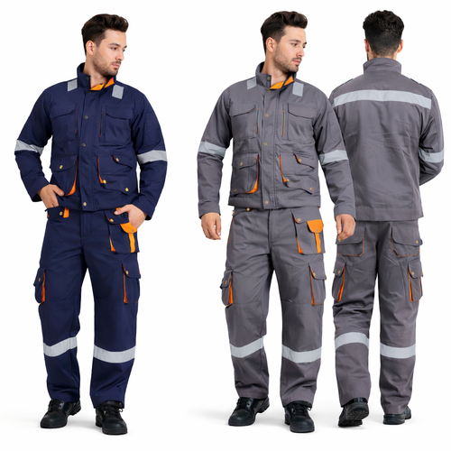 Heavy-duty business attire set: jacket and trousers designed for everyday wear, featuring reflective strips and pockets. Available in all sizes.